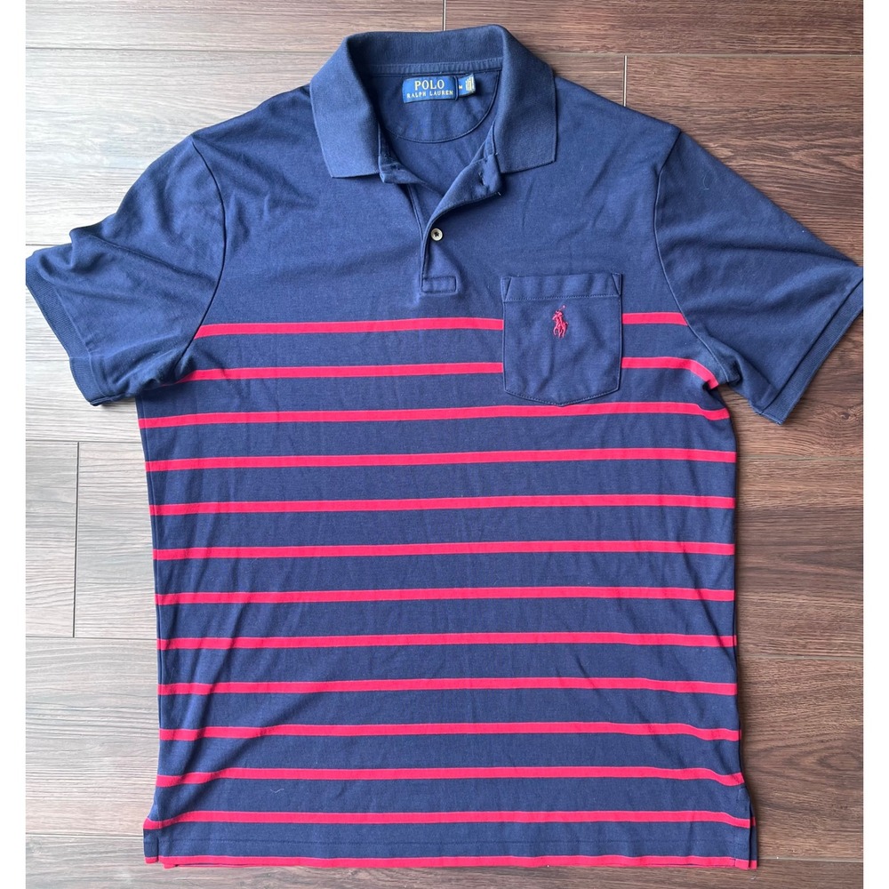 Polo Ralph Lauren Mens Medium Navy Blue Red Striped Pocket Polo Shirt Cotton